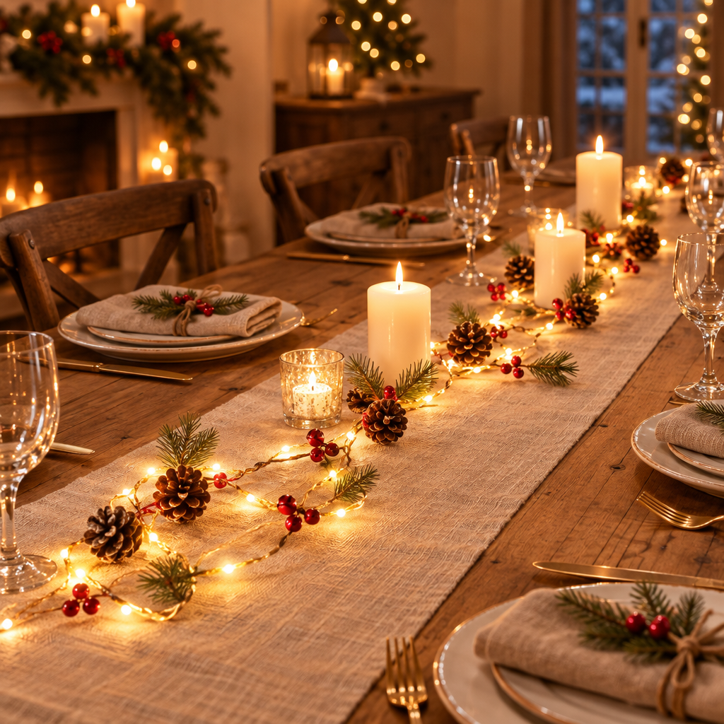 Pinewick simple pine cone bell Christmas string lights on a dining table
