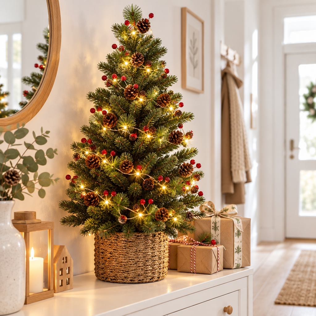 Pinewick deluxe pine cone bell Christmas string lights on a tabletop tree