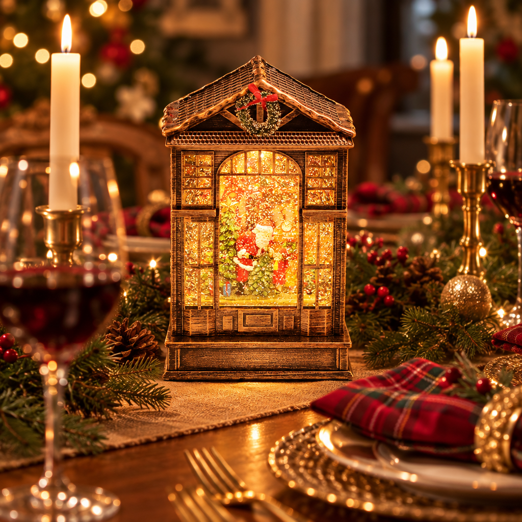 Frostel Christmas house lantern village scene on a holiday dining table