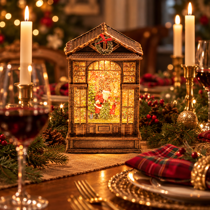 Frostel Christmas house lantern village scene on a holiday dining table