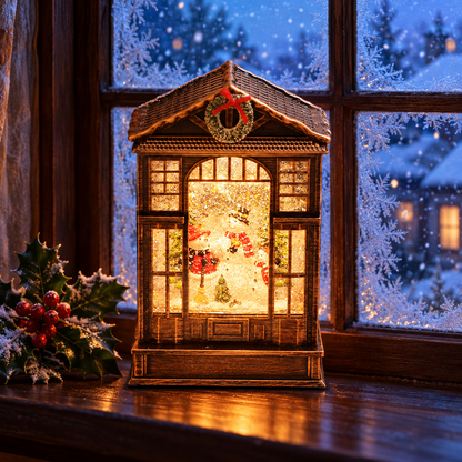 Frostel Christmas house lantern snowman scene on a snowy windowsill