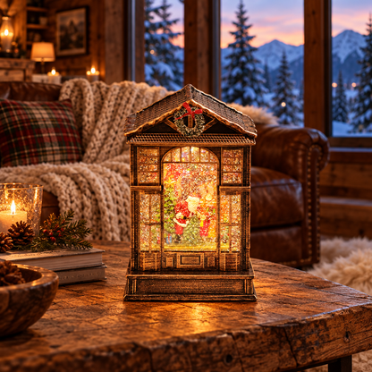 Frostel Christmas house lantern village scene in a cabin living room