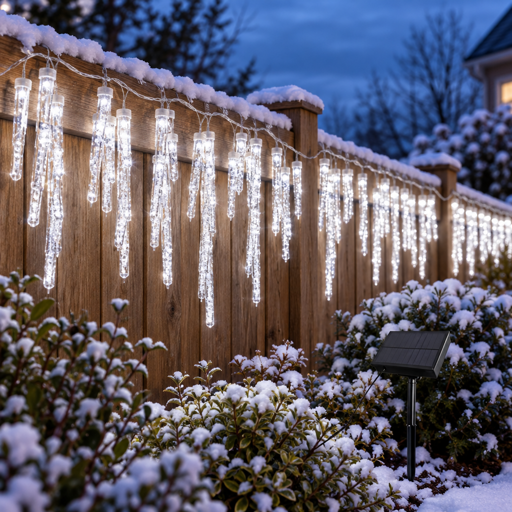 Glacia solar icicle string lights on a garden fence