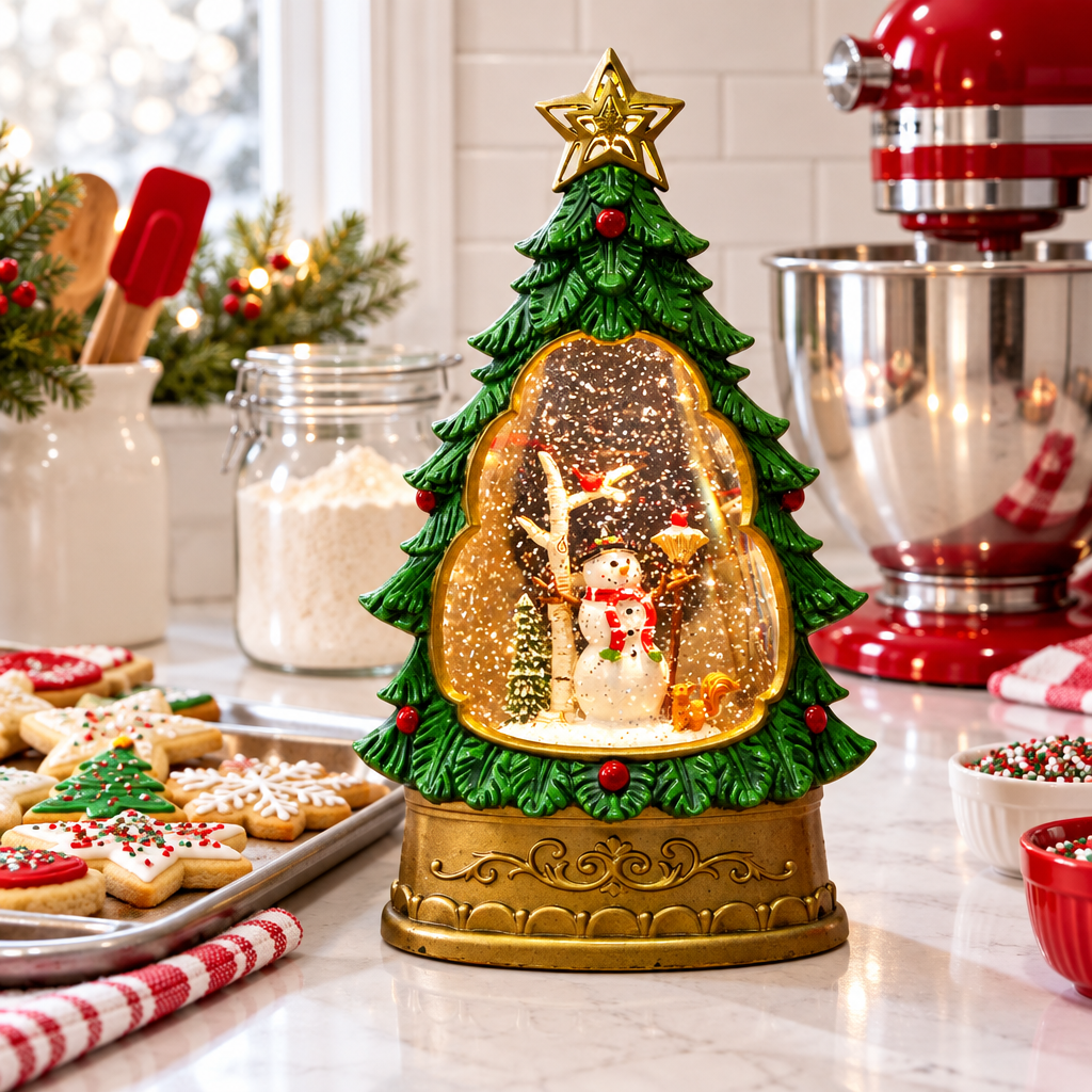 Melodie Christmas tree snow globe lamp snowman with broom on a kitchen counter