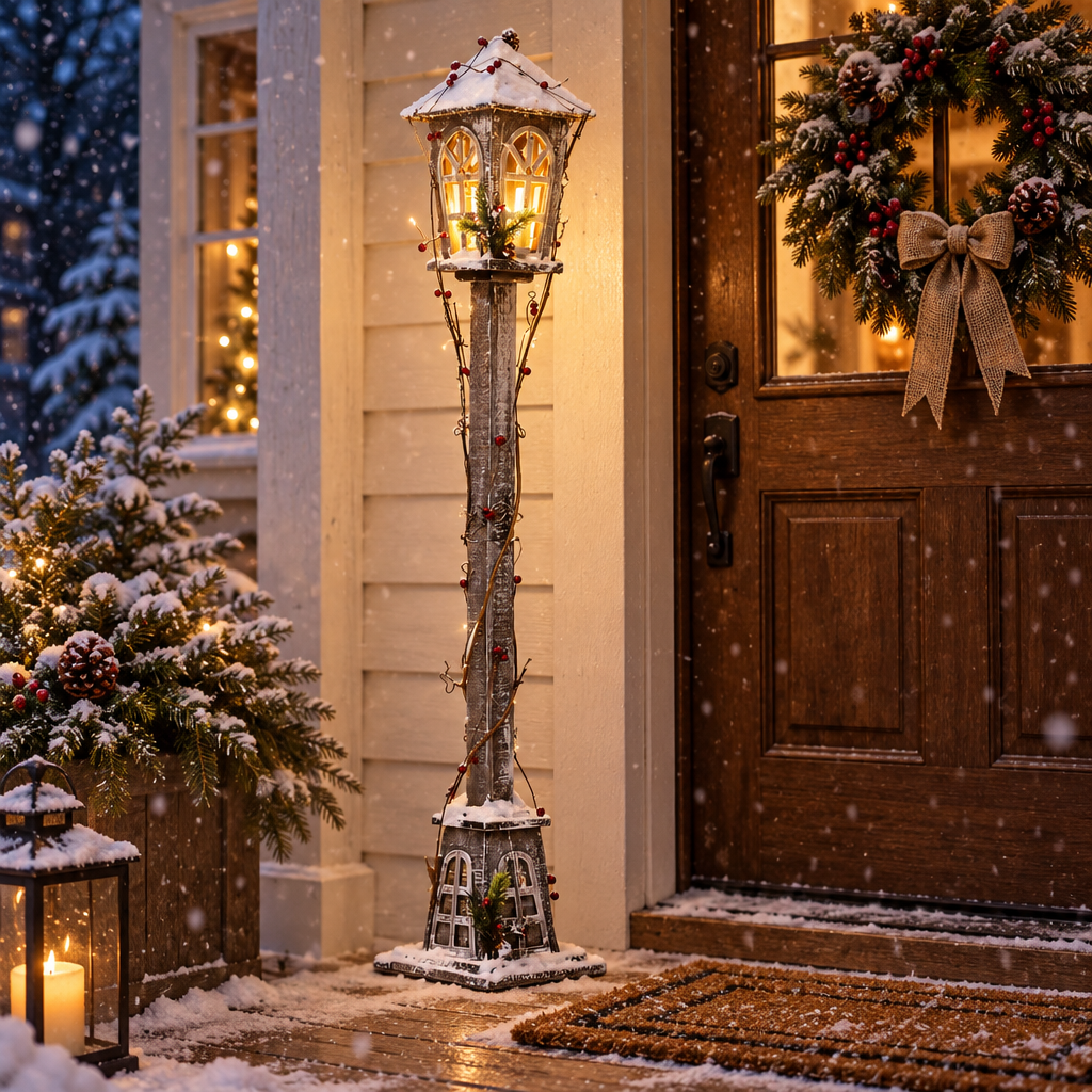 Hearthway wooden Christmas street lamp beside a farmhouse front door