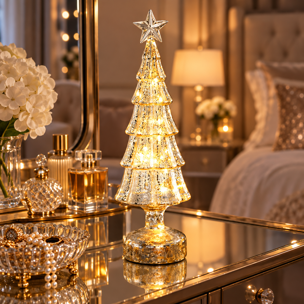 Sylvie silver glass Christmas tree lamp on a mirrored vanity