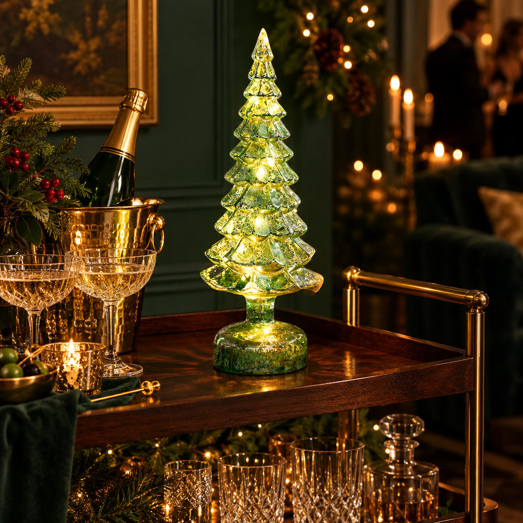 Sylvie green glass Christmas tree lamp on a bar cart