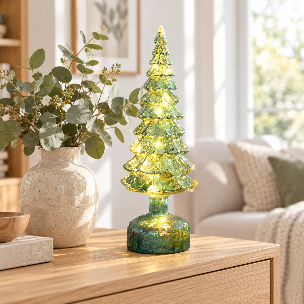Sylvie green glass Christmas tree lamp on a Scandinavian console table