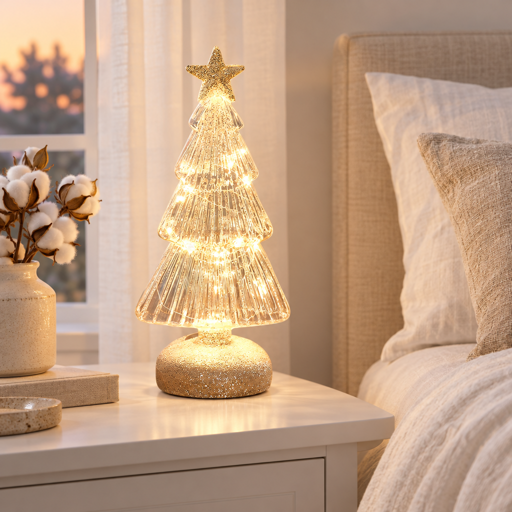 Sylvie clear glass Christmas tree lamp on a bedside table