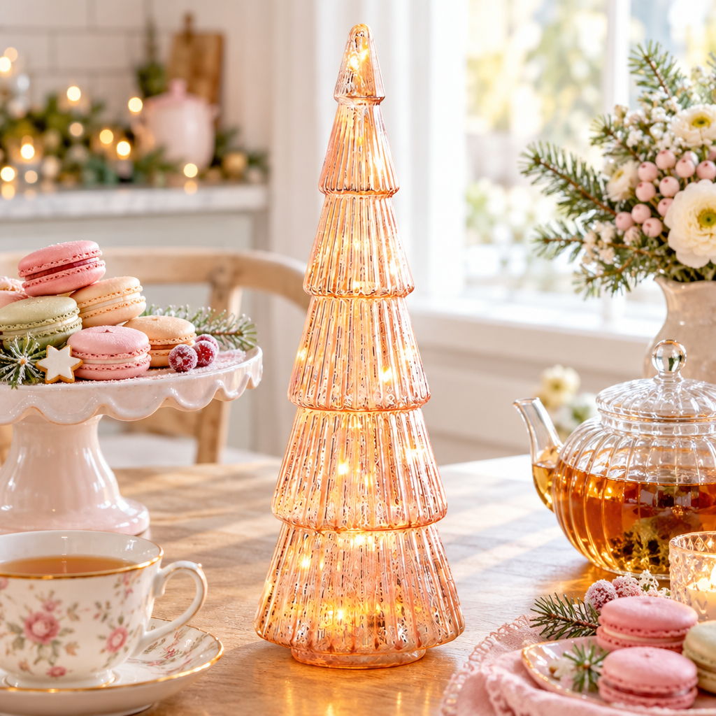 Sylvie pink glass Christmas tree lamp at a holiday brunch table