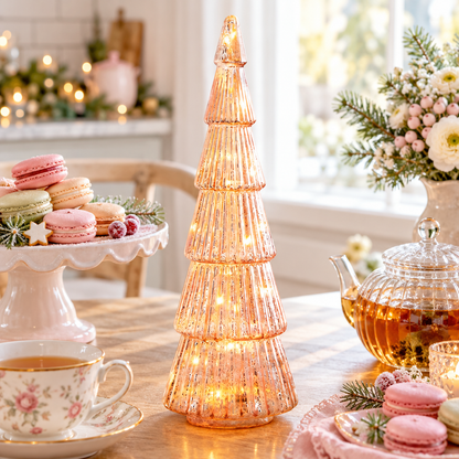 Sylvie pink glass Christmas tree lamp at a holiday brunch table