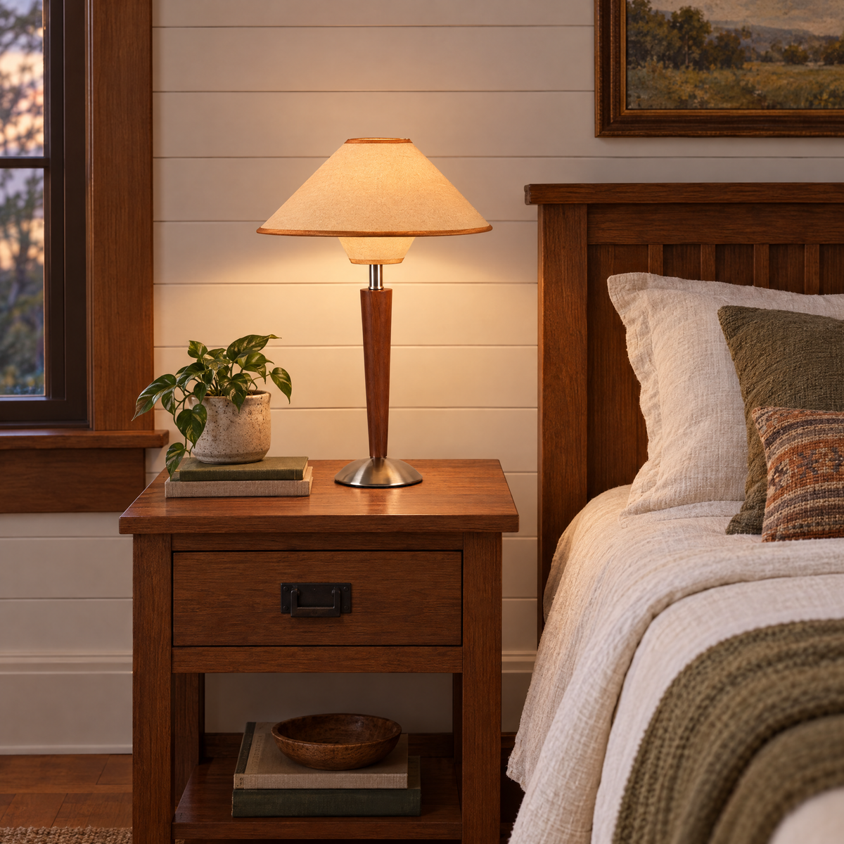 Talonwood table lamp in tan on a nightstand in a Craftsman bungalow bedroom