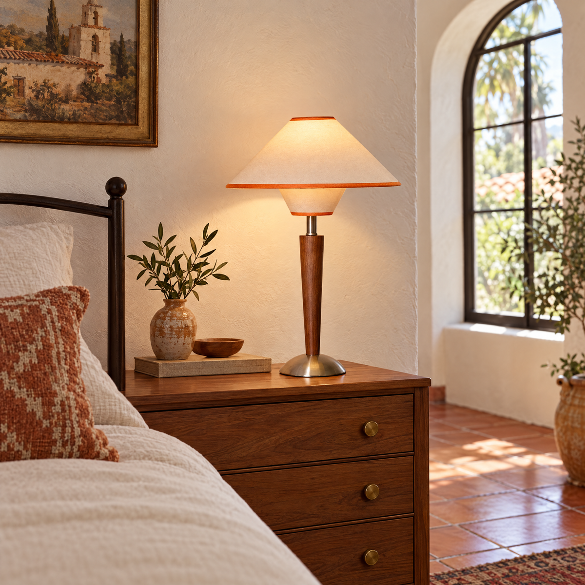 Talonwood table lamp in beige on a dresser in a Spanish Revival bedroom