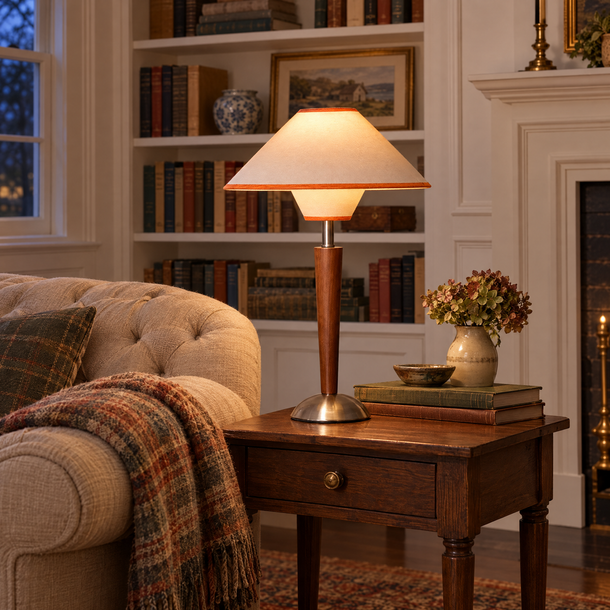 Talonwood table lamp in beige in a New England colonial den with bookshelves