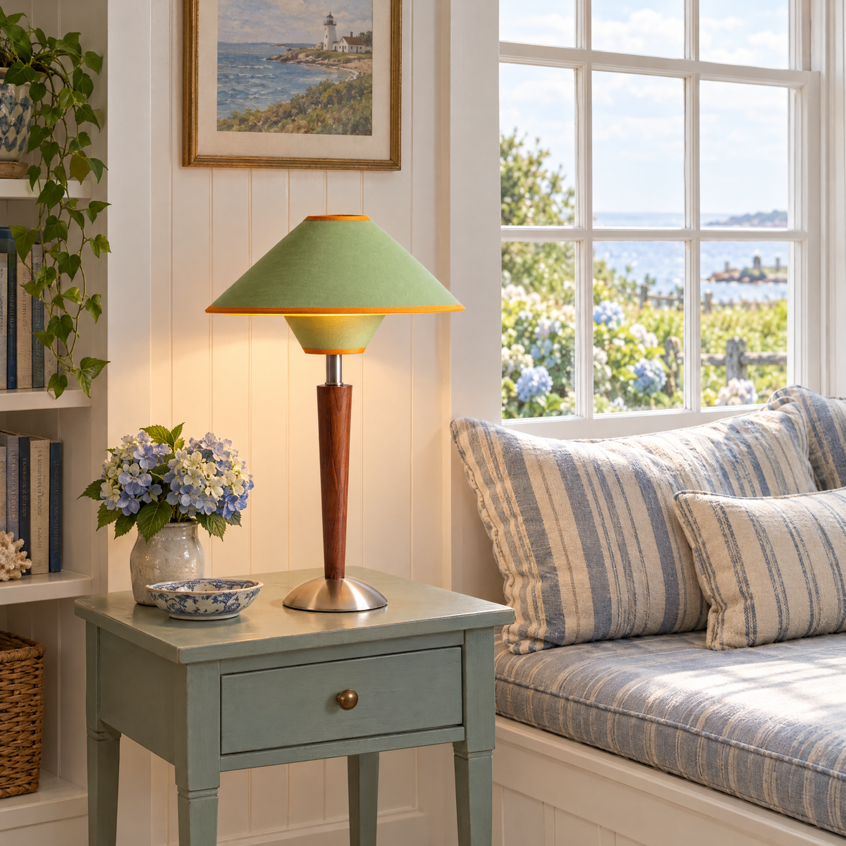 Talonwood table lamp in green beside a window seat in a Cape Cod cottage