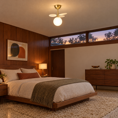 Macaron ceiling light in white, ⌀9.3" x H11.8", in a mid-century ranch bedroom