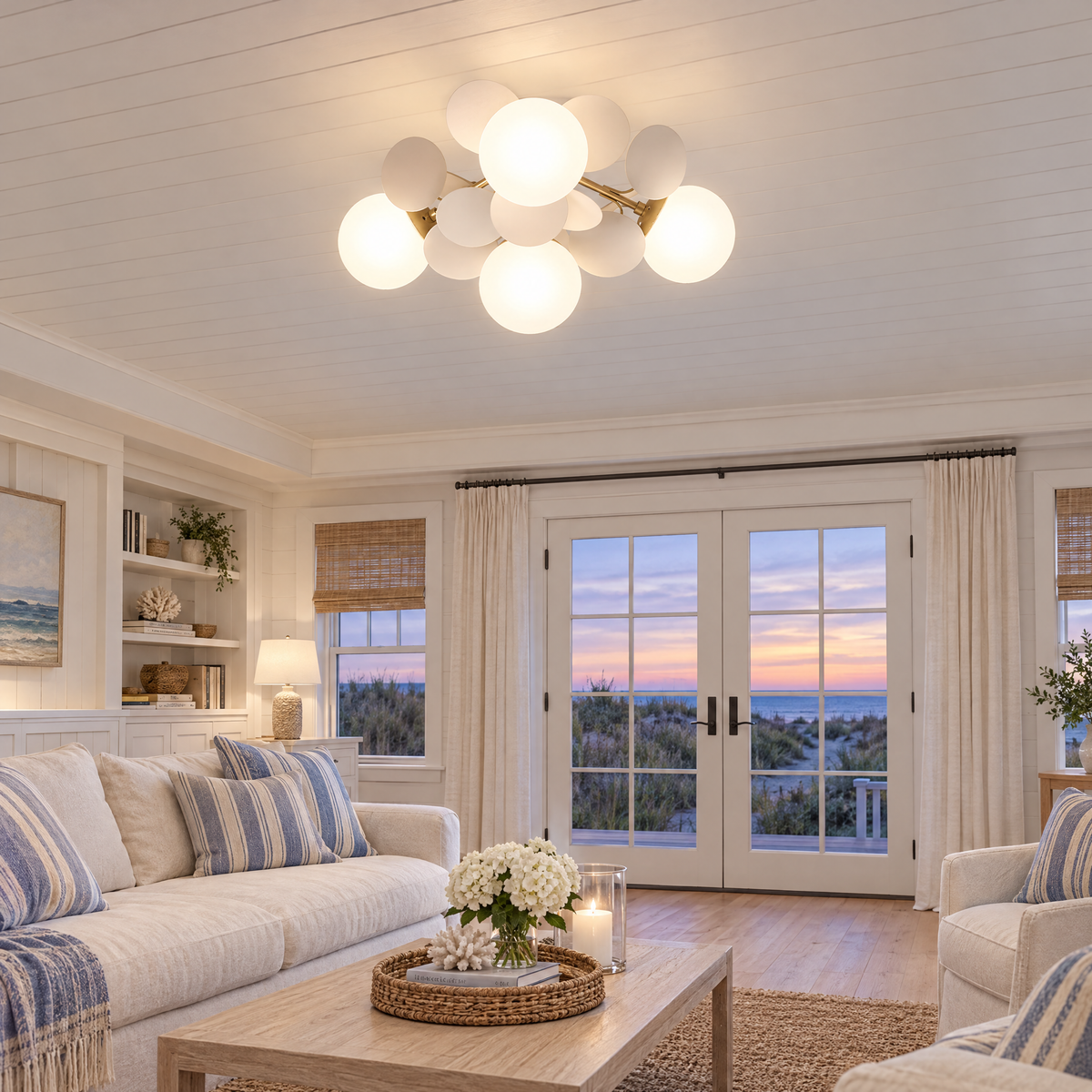 Macaron ceiling light in white, ⌀20.5" x H11", in a Hamptons shingle-style beach house living room