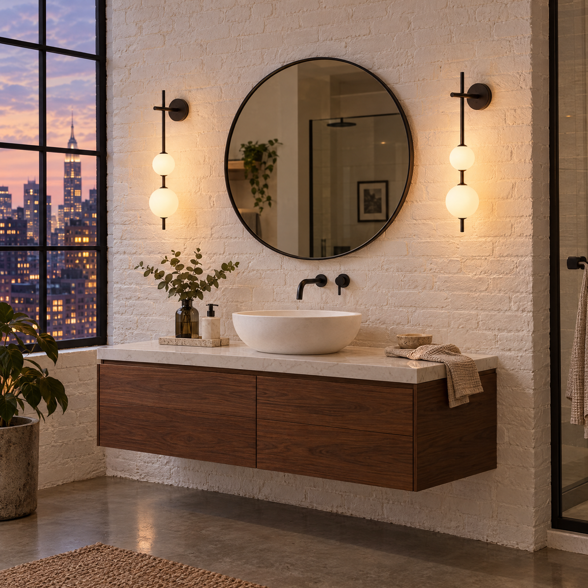 Kaskade globe wall sconce in black with 3 globes by the vanity mirror in a Manhattan loft bathroom