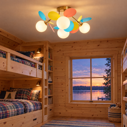 Macaron ceiling light in multicolor, ⌀20.5" x H11", in a Minnesota lake house kids bunk room