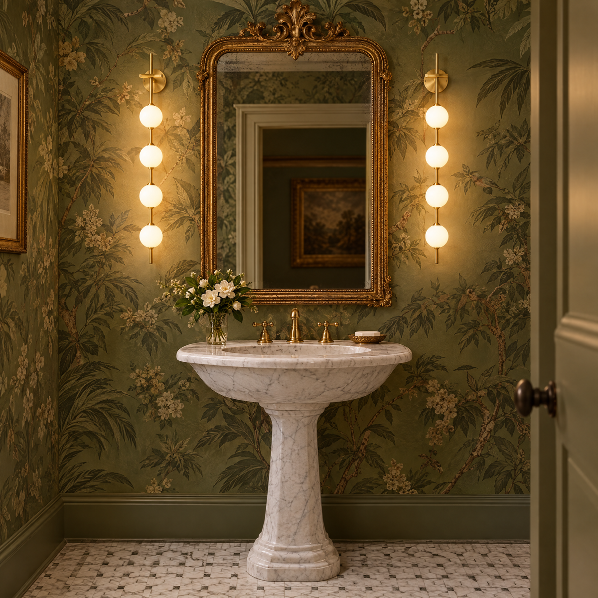 Kaskade globe wall sconce in brass with 5 small globes in a Savannah historic home powder room