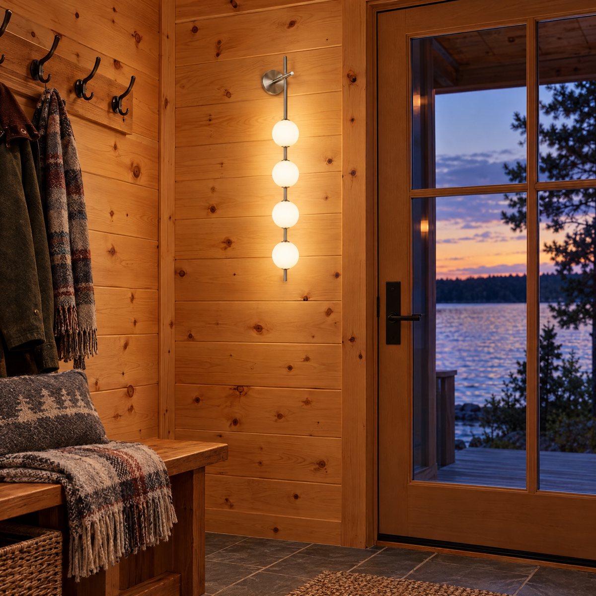 Kaskade globe wall sconce in nickel with 5 small globes in a Minnesota lake house entryway