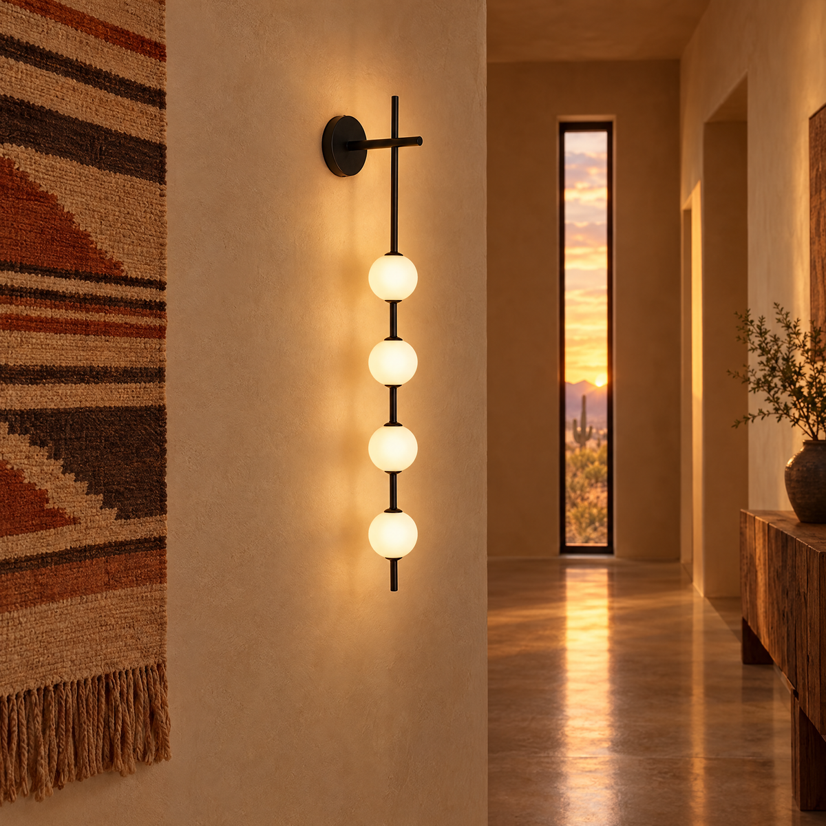 Kaskade globe wall sconce in black with 5 small globes in an Arizona desert modern adobe hallway