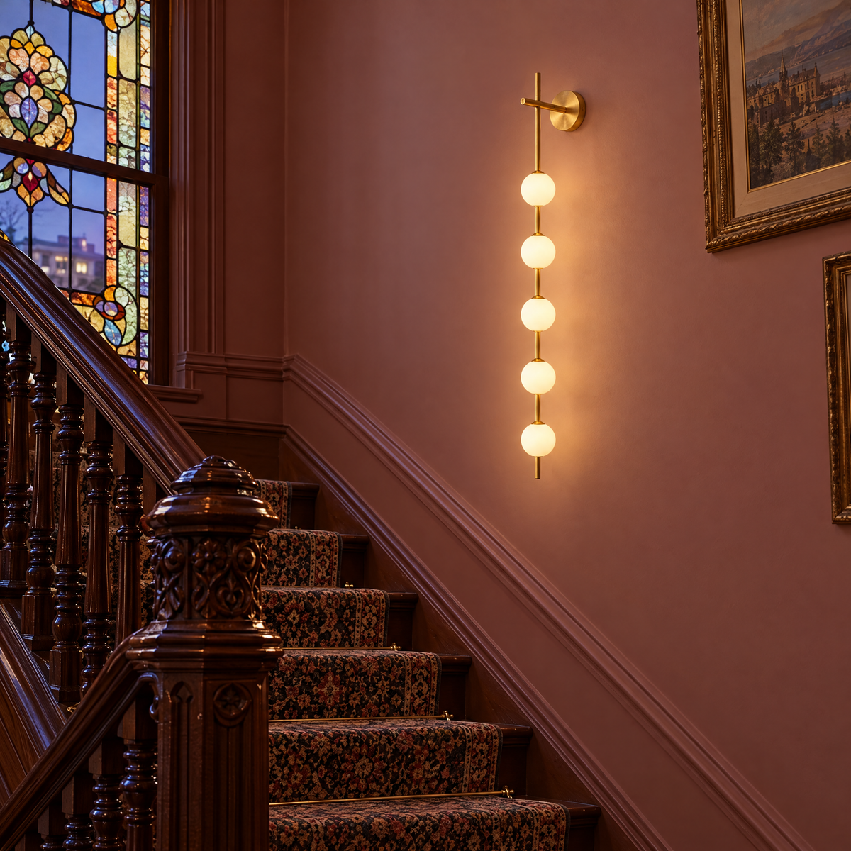 Kaskade globe wall sconce in brass with 5 small globes in a Victorian San Francisco row house stairwell