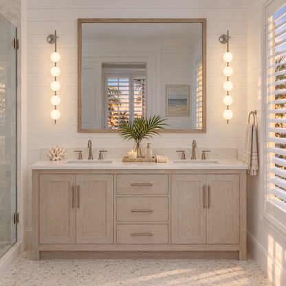 Kaskade globe wall sconce in nickel with 5 small globes by the vanity mirror in a Florida coastal bathroom