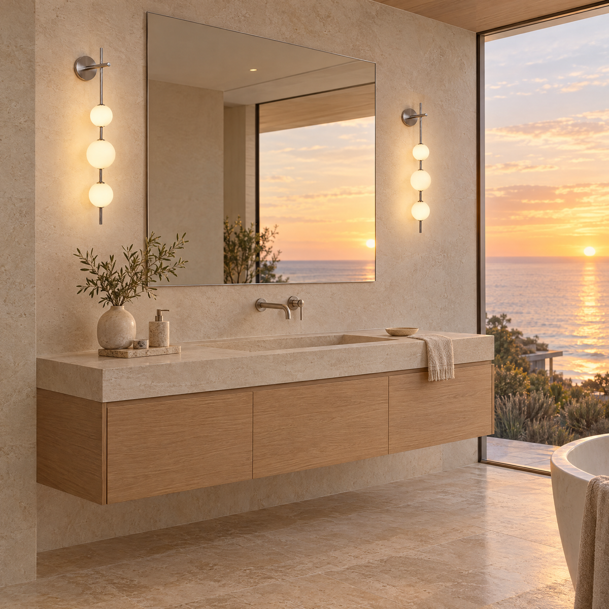 Kaskade globe wall sconce in nickel with 4 globes by the vanity mirror in a Malibu contemporary bathroom