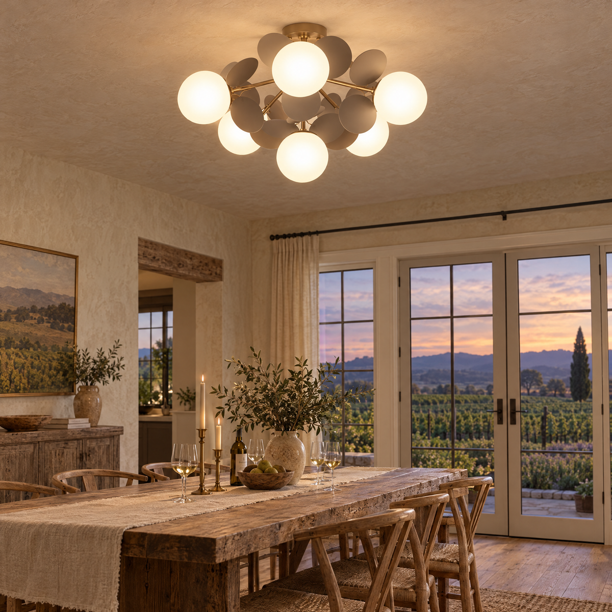 Macaron ceiling light in grey, ⌀20.5" x H12.6", in a Napa Valley farmhouse dining room