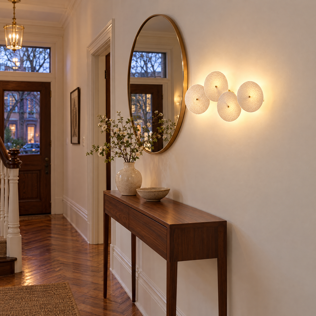Florin ceramic petal wall sconce in white ceramic and gold, 4-petal horizontal, in a Brooklyn brownstone entryway
