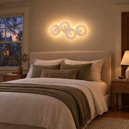 Florin ceramic petal wall sconce in white ceramic and gold, 4-petal horizontal, in a Craftsman bungalow bedroom