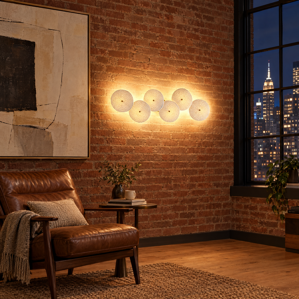 Florin ceramic petal wall sconce in white ceramic and gold, 6-petal horizontal, in a Manhattan loft reading nook