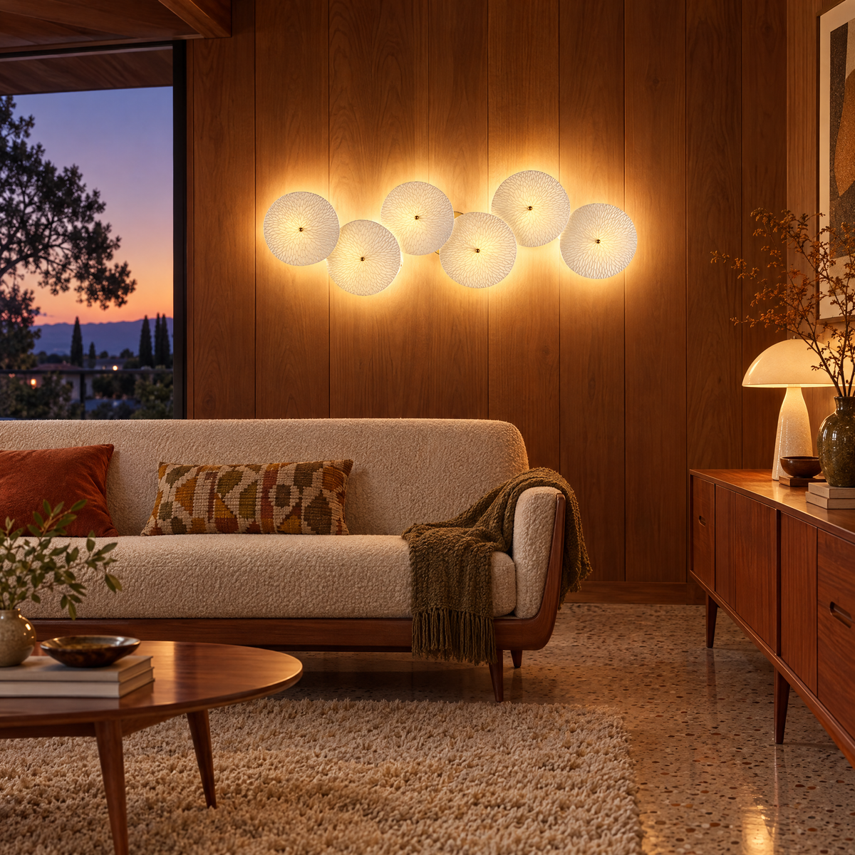 Florin ceramic petal wall sconce in white ceramic and gold, 6-petal horizontal, in a mid-century ranch living room