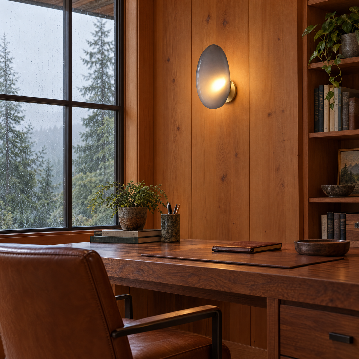 Opaline wall sconce in Smoky Gray &amp; Gold, shape ∅8.6" x H13.7" in a Pacific Northwest craftsman home office
