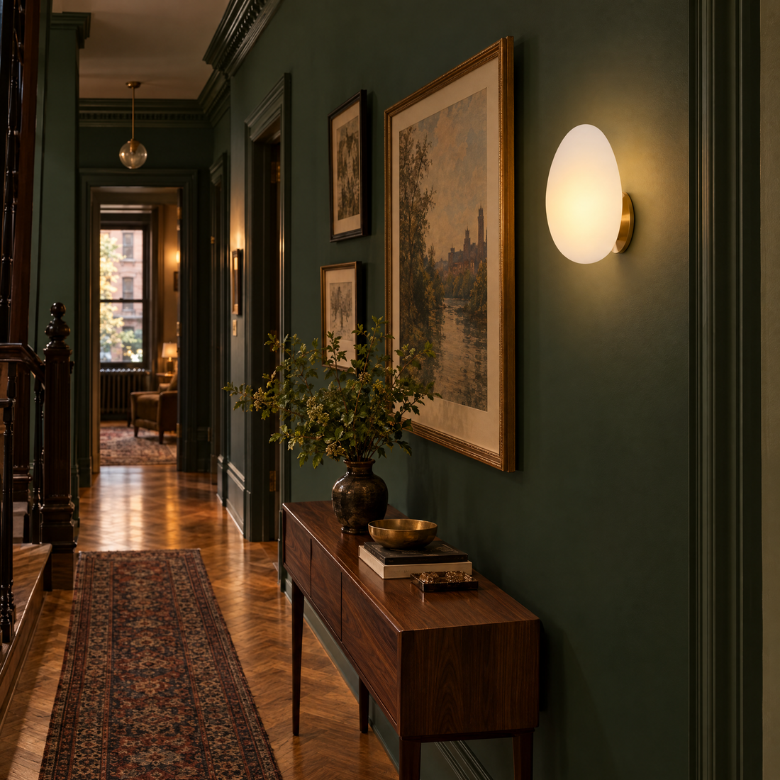 Opaline wall sconce in White &amp; Gold, shape ∅8.6" x H13.7" in a Brooklyn brownstone hallway