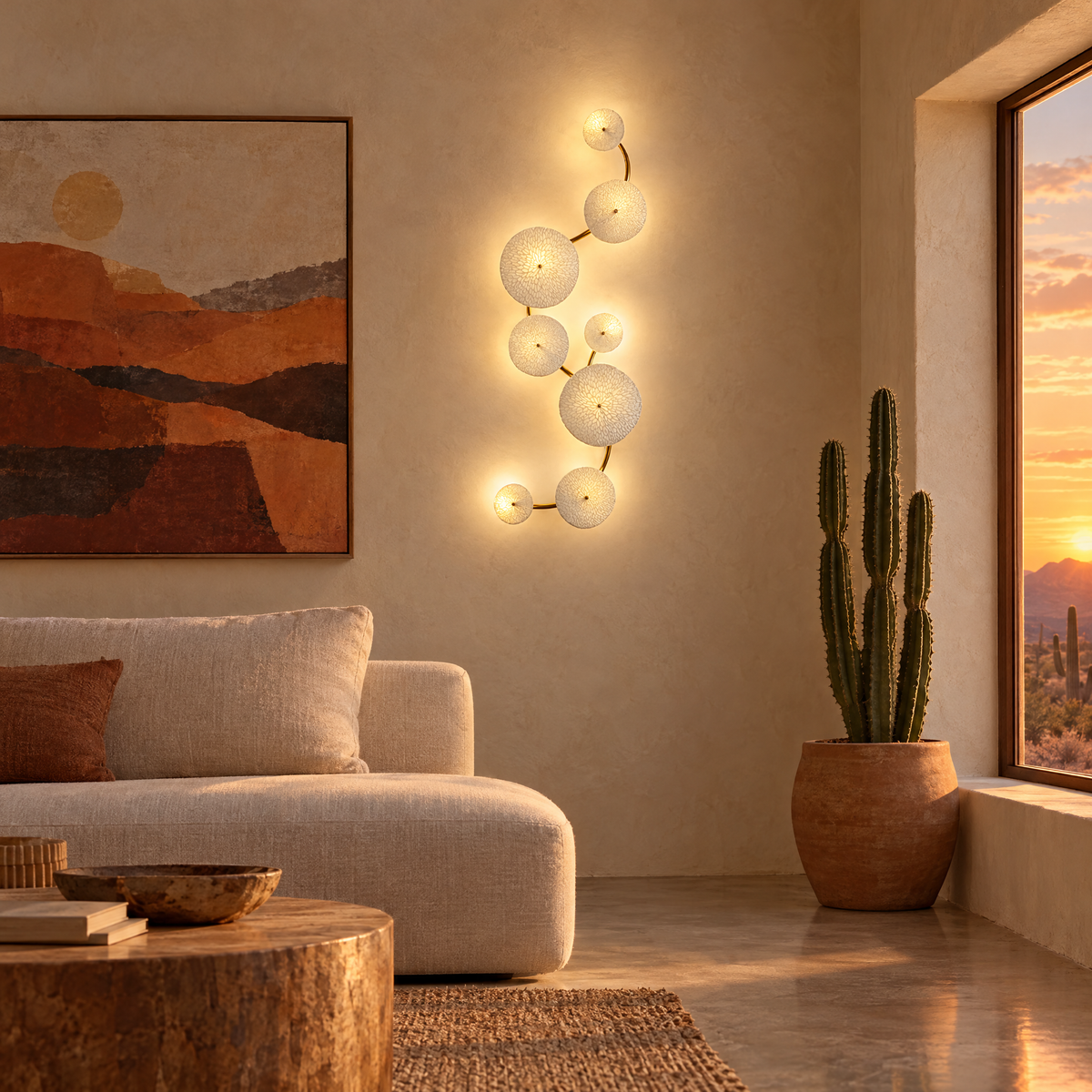 Florin ceramic petal wall sconce in white ceramic and gold, 8-petal vertical, in an Arizona desert modern adobe living room