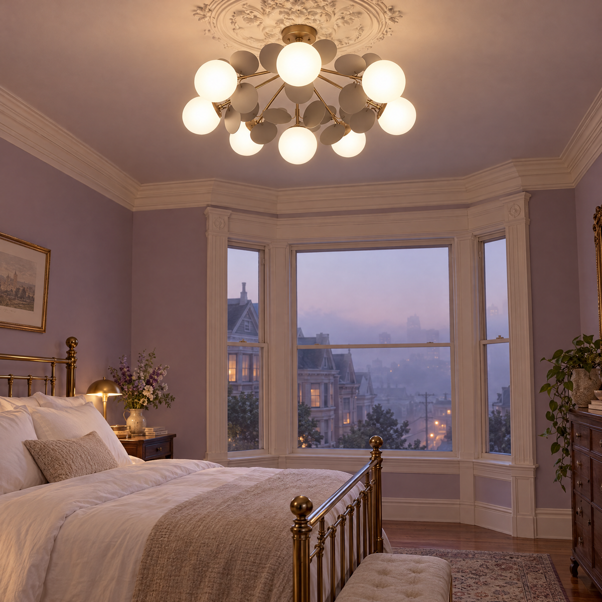 Macaron ceiling light in grey, ⌀29.5" x H11", in a Victorian San Francisco row house bedroom