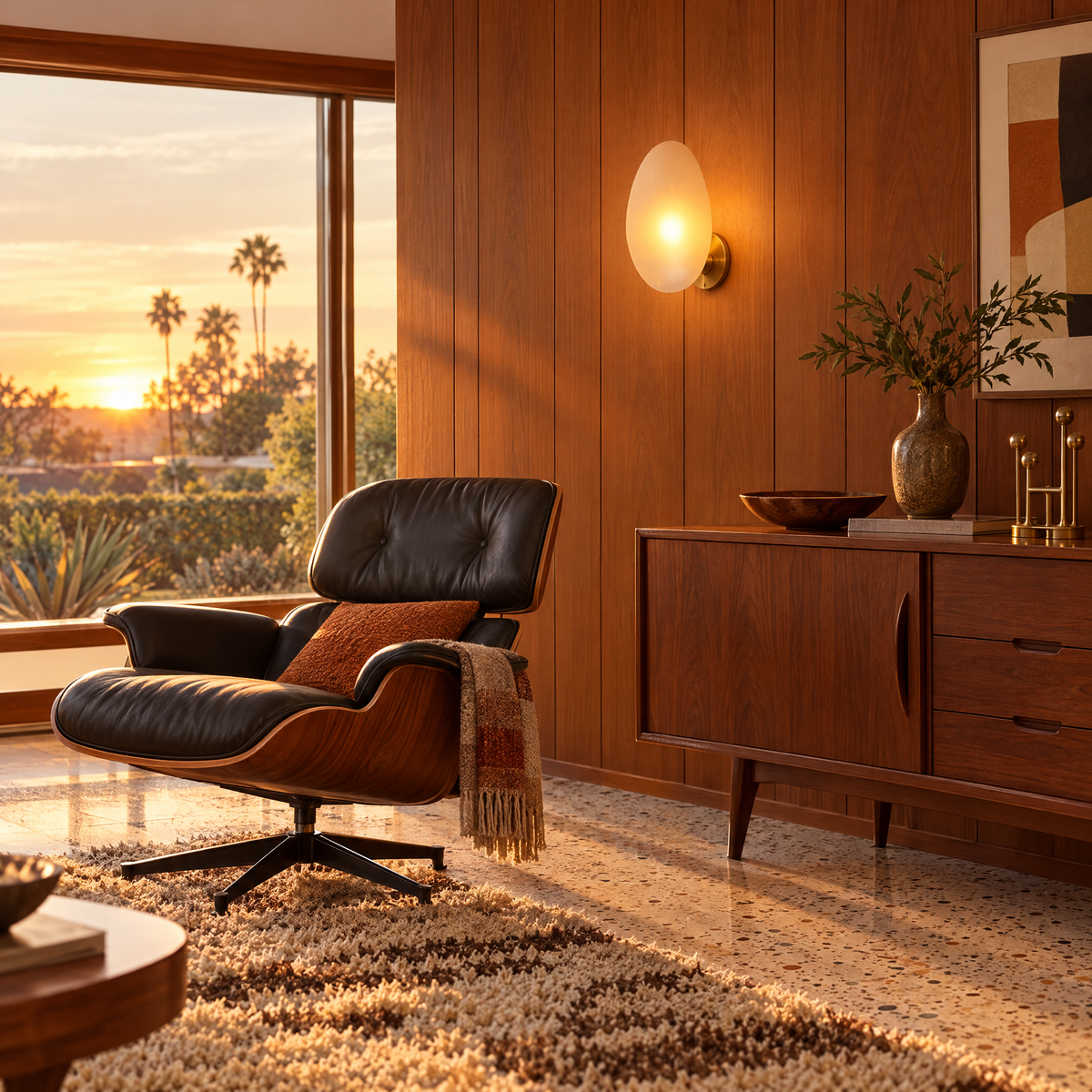 Opaline wall sconce in Amber &amp; Gold, shape ∅8.6" x H13.7" in a mid-century ranch living room