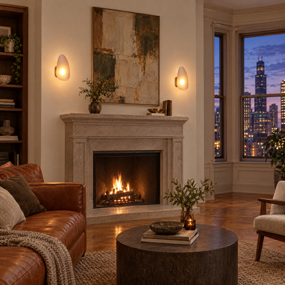 Opaline wall sconce in Amber &amp; Gold, shape ∅7.1" x H11.8" in a Chicago greystone living room