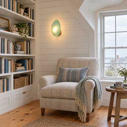 Opaline wall sconce in Green &amp; Gold, shape ∅8.6" x H13.7" in a Cape Cod cottage reading nook
