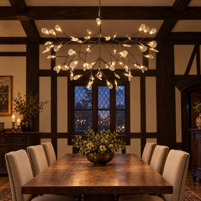 Luciole firefly LED branch chandelier in black, ∅38.6" x H19.3" round, in a Tudor Revival dining room