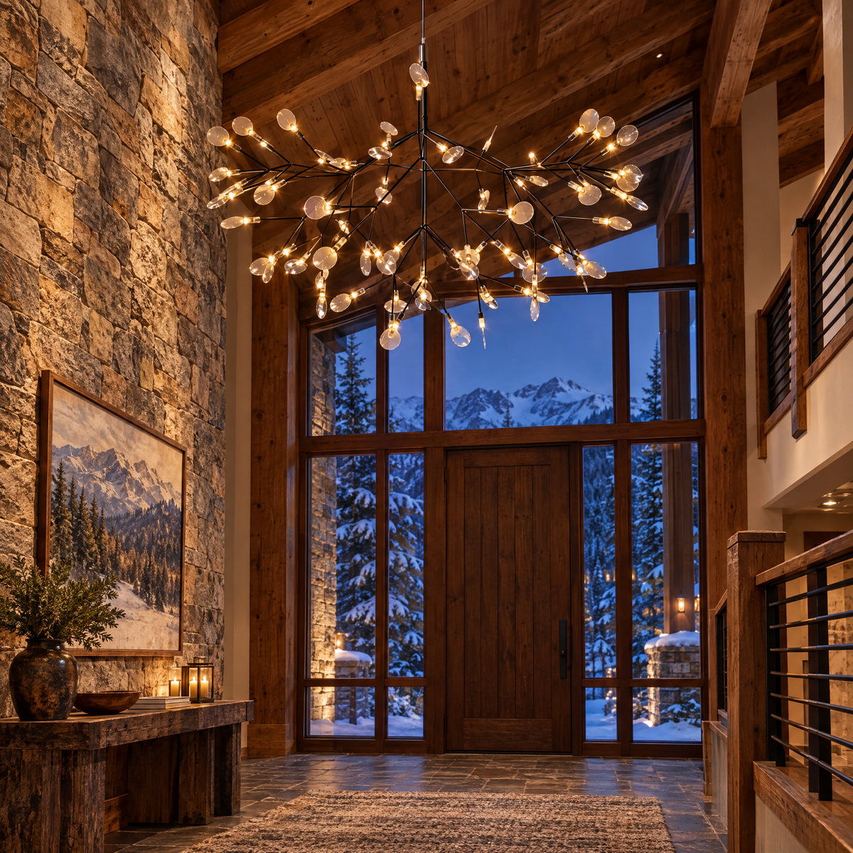 Luciole firefly LED branch chandelier in black, ∅38.6" x H19.3" round, in a Colorado mountain lodge foyer