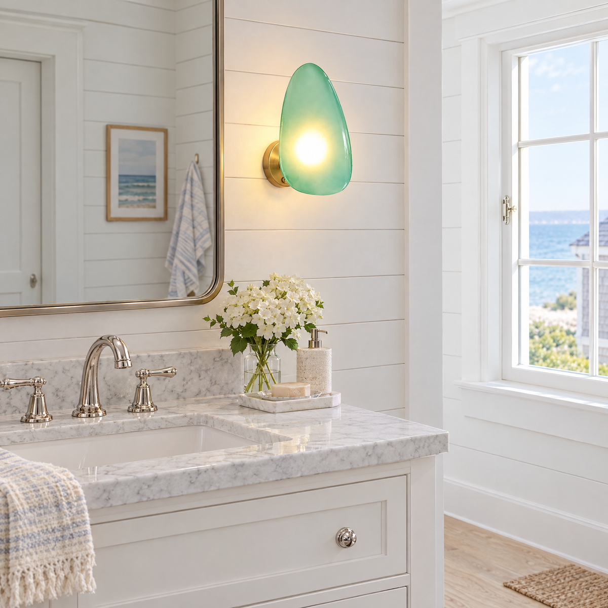 Opaline wall sconce in Green &amp; Gold, shape ∅7.1" x H11.8" in a Hamptons shingle-style beach house bathroom