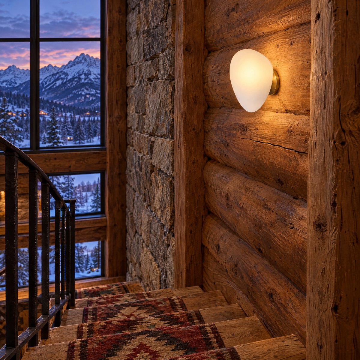 Opaline wall sconce in White &amp; Gold, shape ∅7.8" x H11.8" in a Colorado mountain lodge stairwell