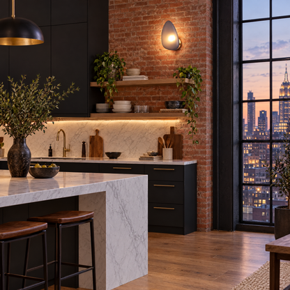 Opaline wall sconce in Smoky Gray &amp; Gold, shape ∅7.1" x H11.8" in a Manhattan loft kitchen