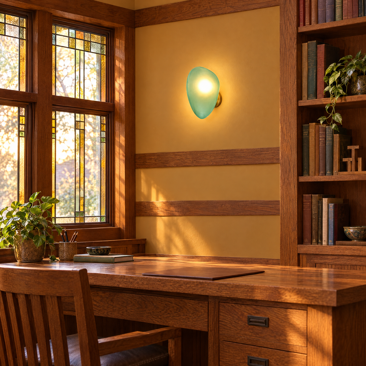 Opaline wall sconce in Green &amp; Gold, shape ∅7.8" x H11.8" in a Prairie-style home office