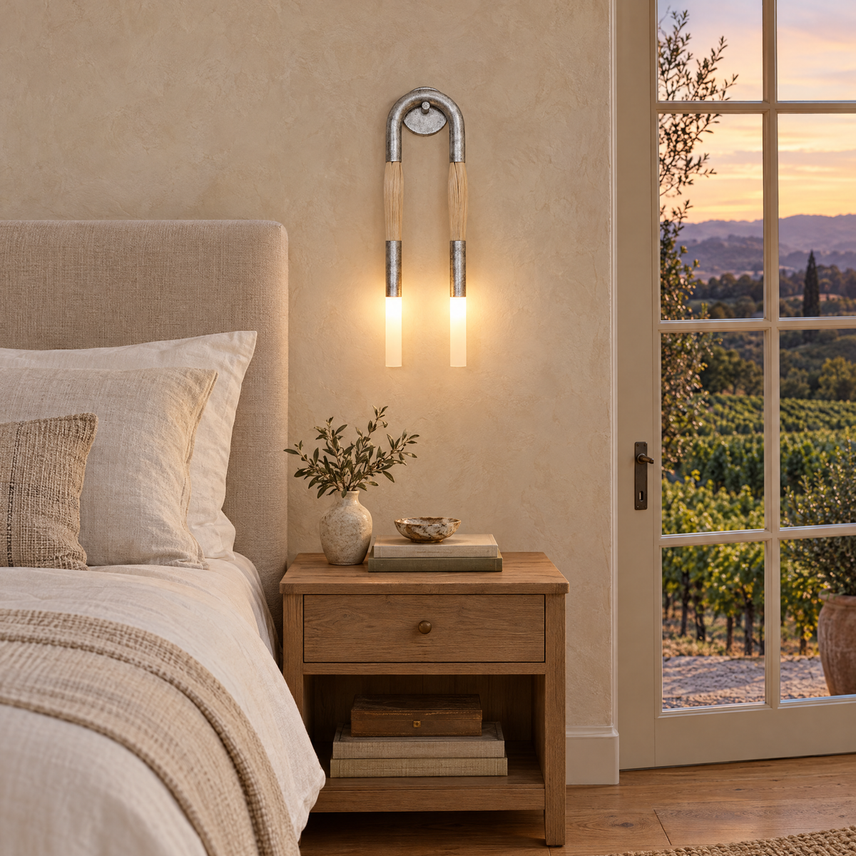 Palomino wall sconce in nickel &amp; beige in a Napa Valley farmhouse bedroom