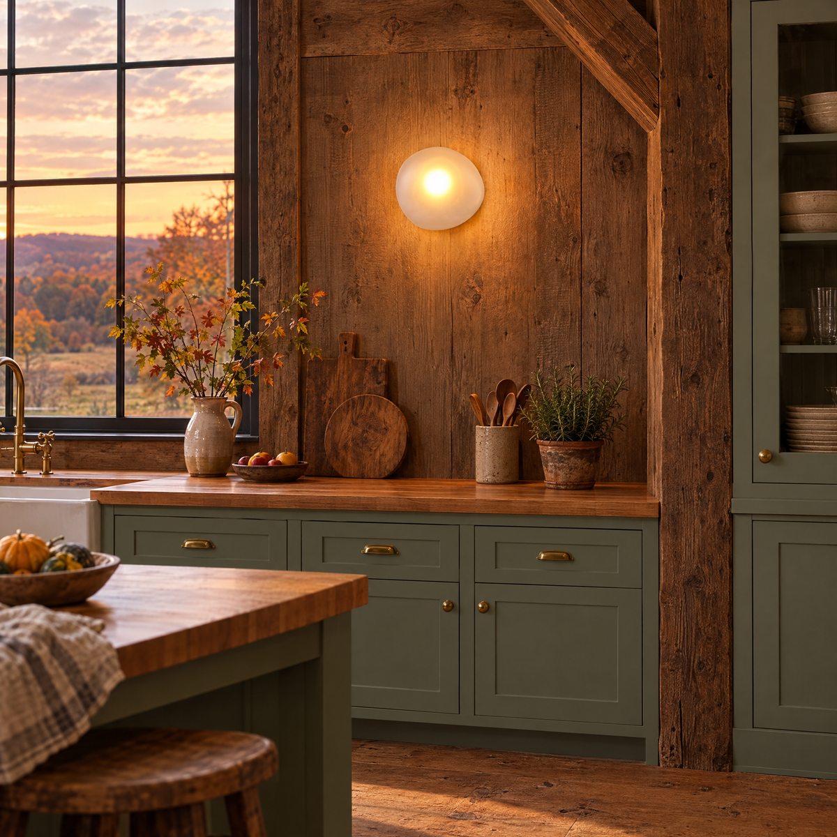 Opaline wall sconce in Amber &amp; Gold, shape ∅8.6" x H8.6" in an Upstate New York barn conversion kitchen