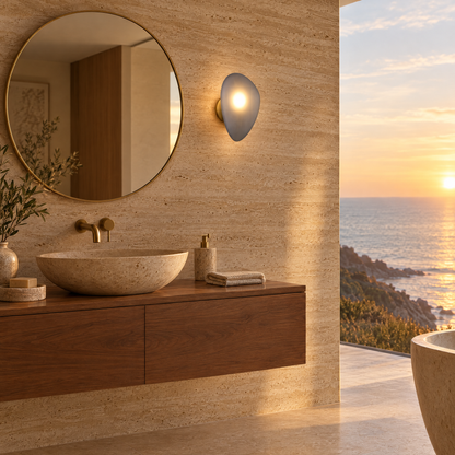 Opaline wall sconce in Smoky Gray &amp; Gold, shape ∅7.8" x H11.8" in a Malibu contemporary bathroom